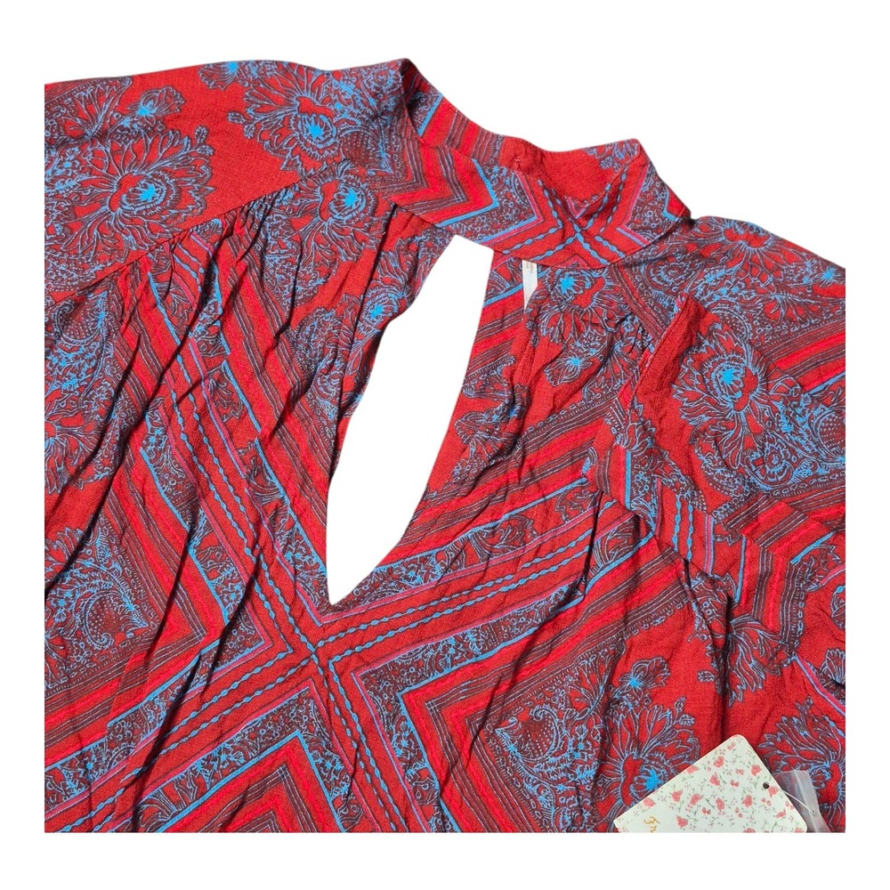 Free People Women's S Red Boho Paisley Print Keyhole Tunic Blouse‎ NWT
